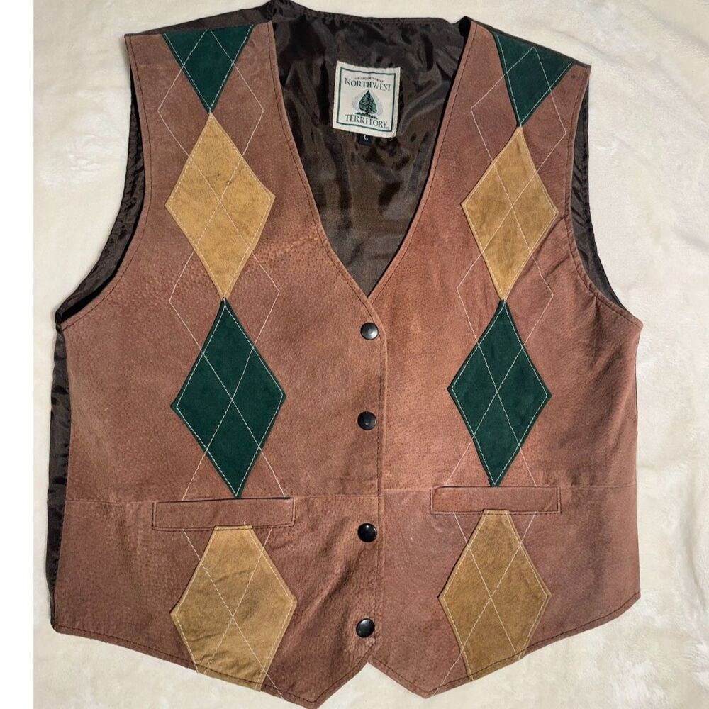 90s Northwest Territory Genuine Suede Leather Argyle Vest L Western
